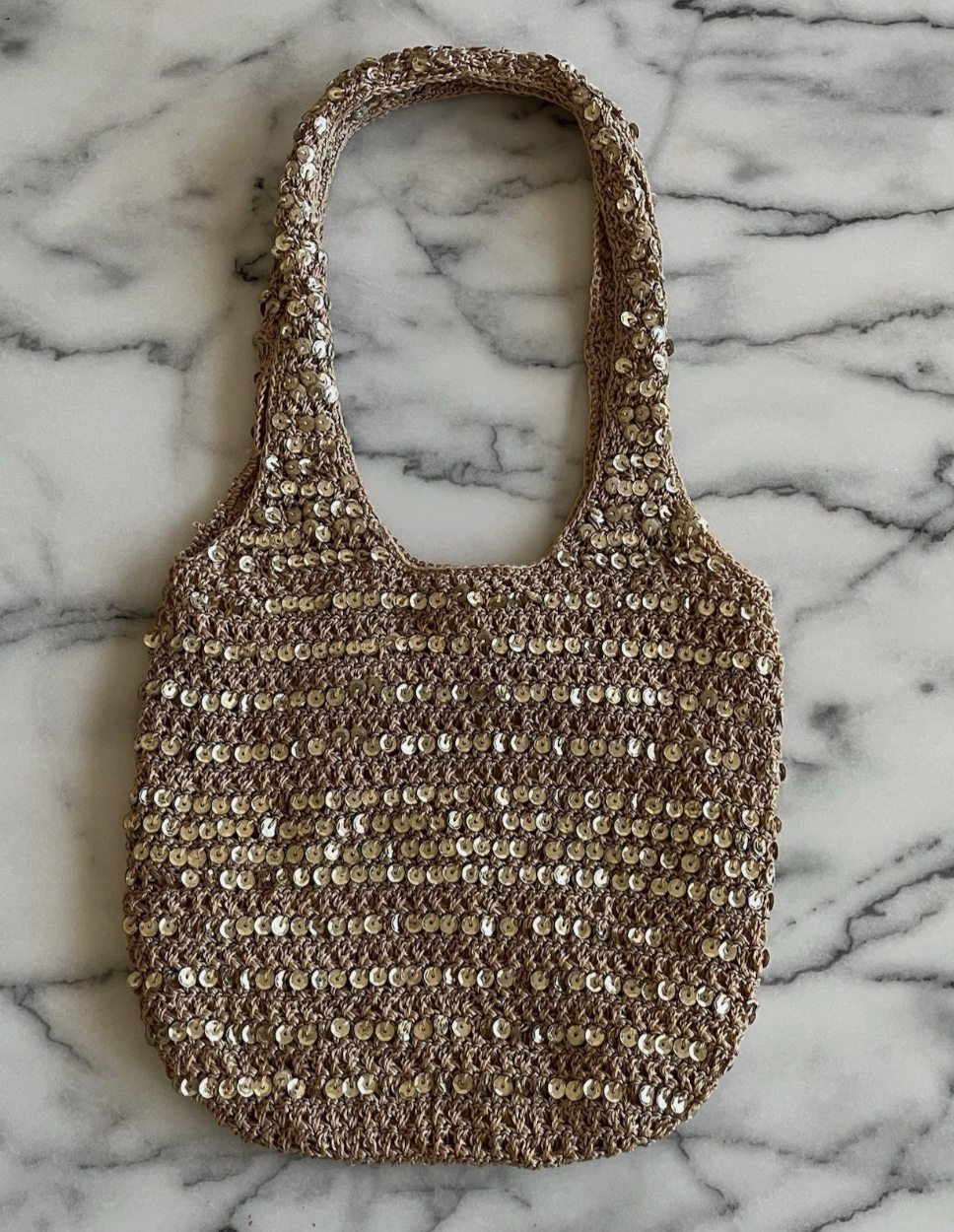 Vtg Gold Sequin Crocheted Shoulder Bag Lined Retro Boho Hippie Festival