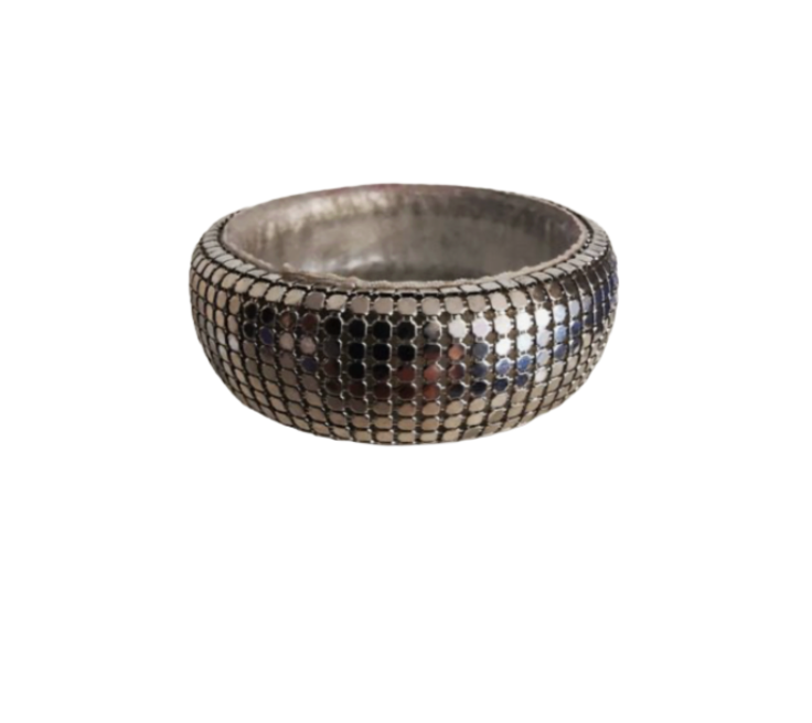 Wide Bangle Bracelet with Embedded Silver Tone Discs under Clear Lucite